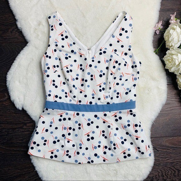 Boden Sinead Fitted Sleeveless Top Polka Dot Print Blouse Ivory Blue Red Size 4