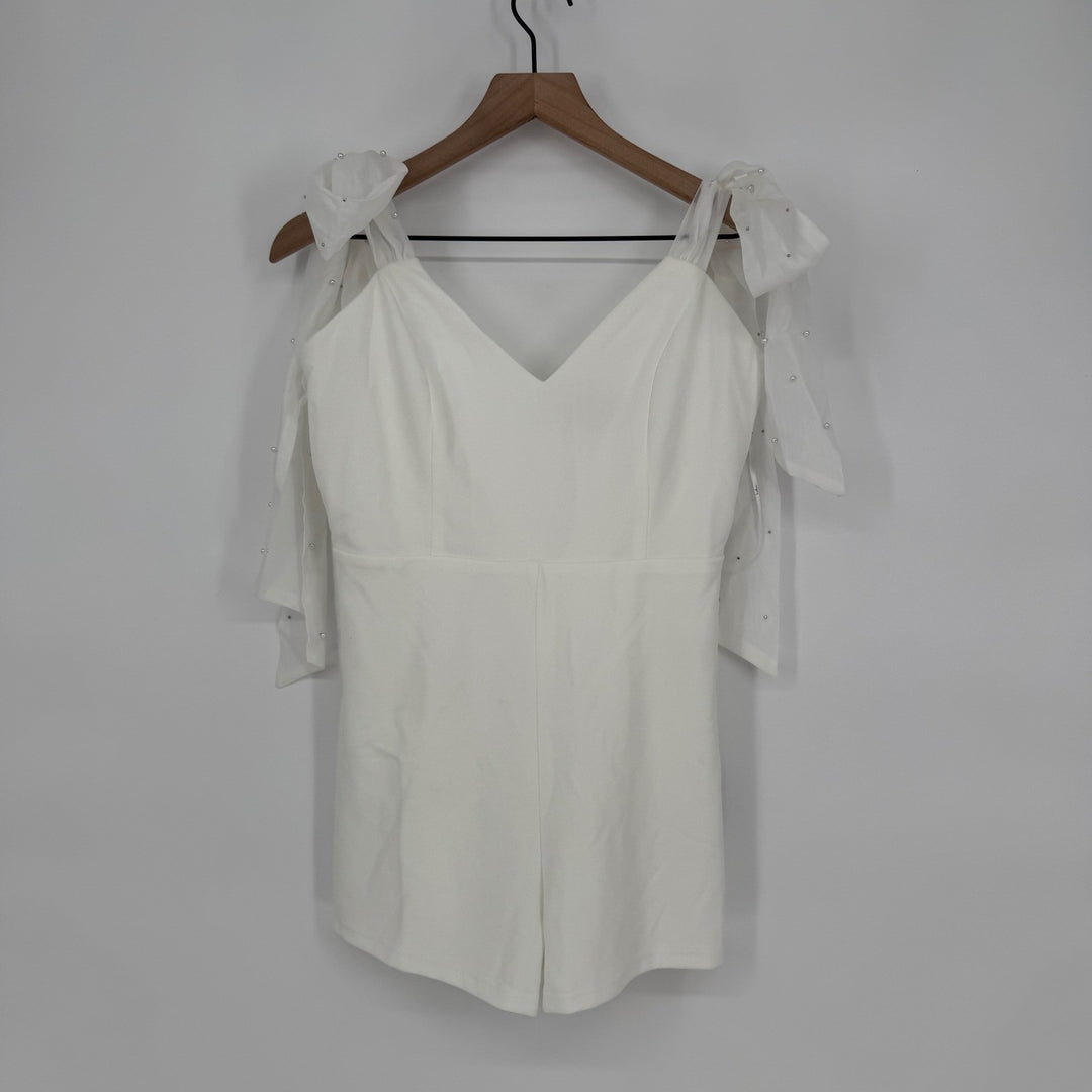 Lulus Certainly Aglow White Organza Pearl Tie-Strap V-Neck Romper Size L