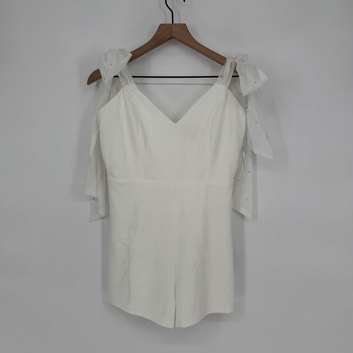 Lulus Certainly Aglow White Organza Pearl Tie-Strap V-Neck Romper Size L