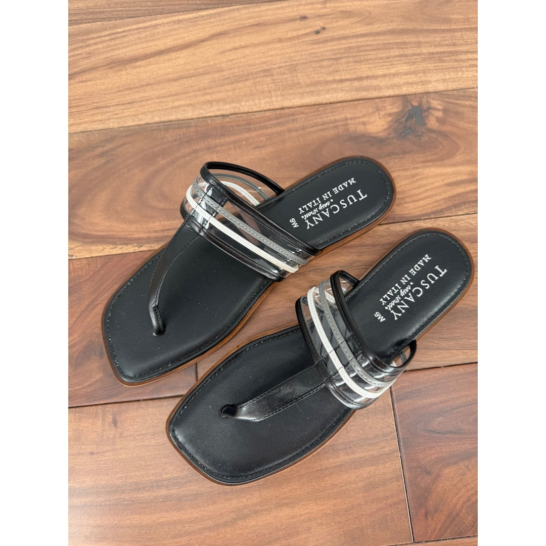 Tuscany Easy Street Black Thong Sandals Clear Straps Made in Italy Size 9W