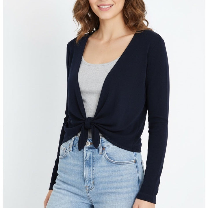 Chicos Travelers Navy Blue Long Sleeve Knot Front Cardigan Sweater Size 0/S