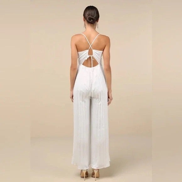 Lulus Memorably Sophisticated White Satin Pleated Backless Jumpsuit Size XS
