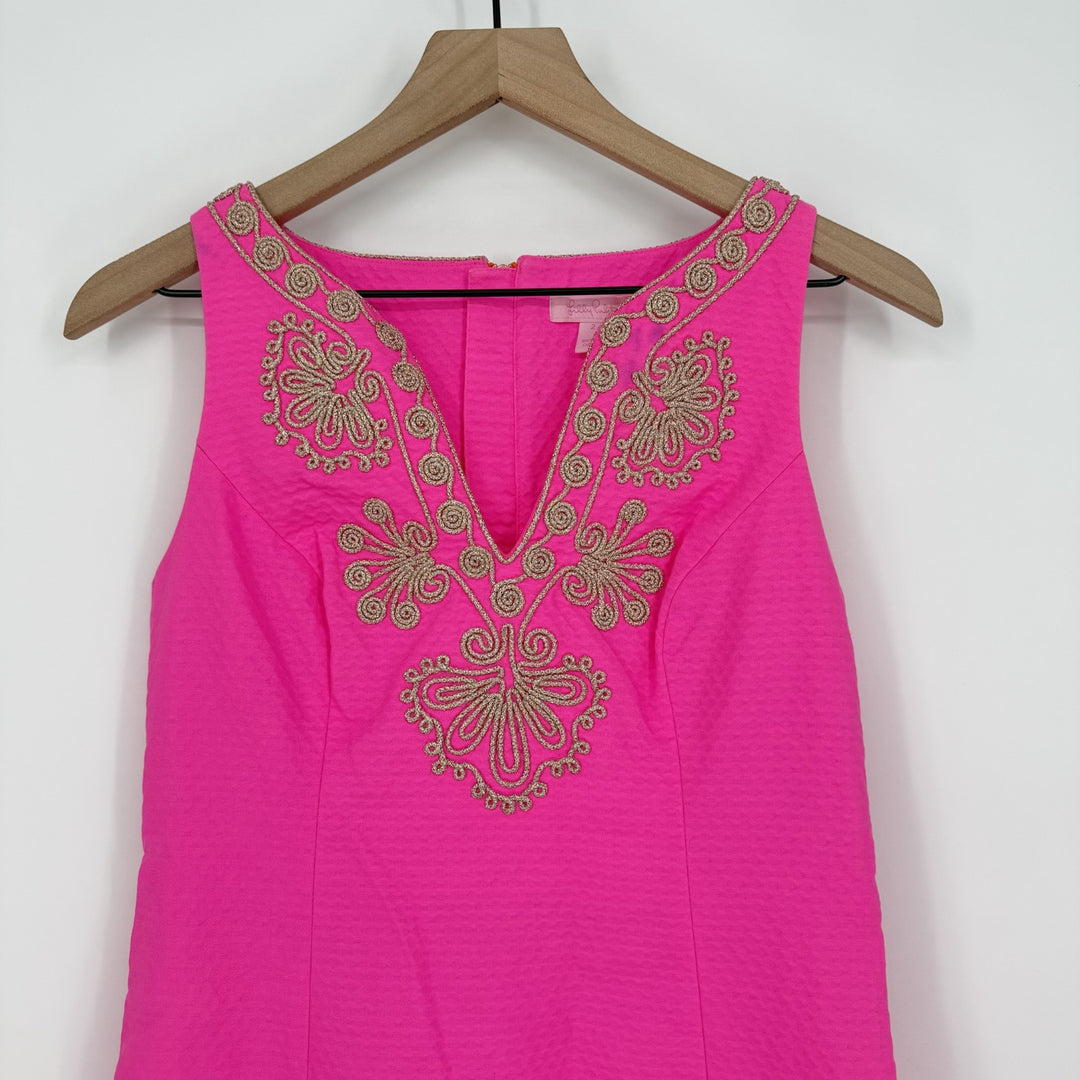 Lilly Pulitzer Gabby Shift Dress Womens 2 Pink Cotton Floral Split Neck Back Zip