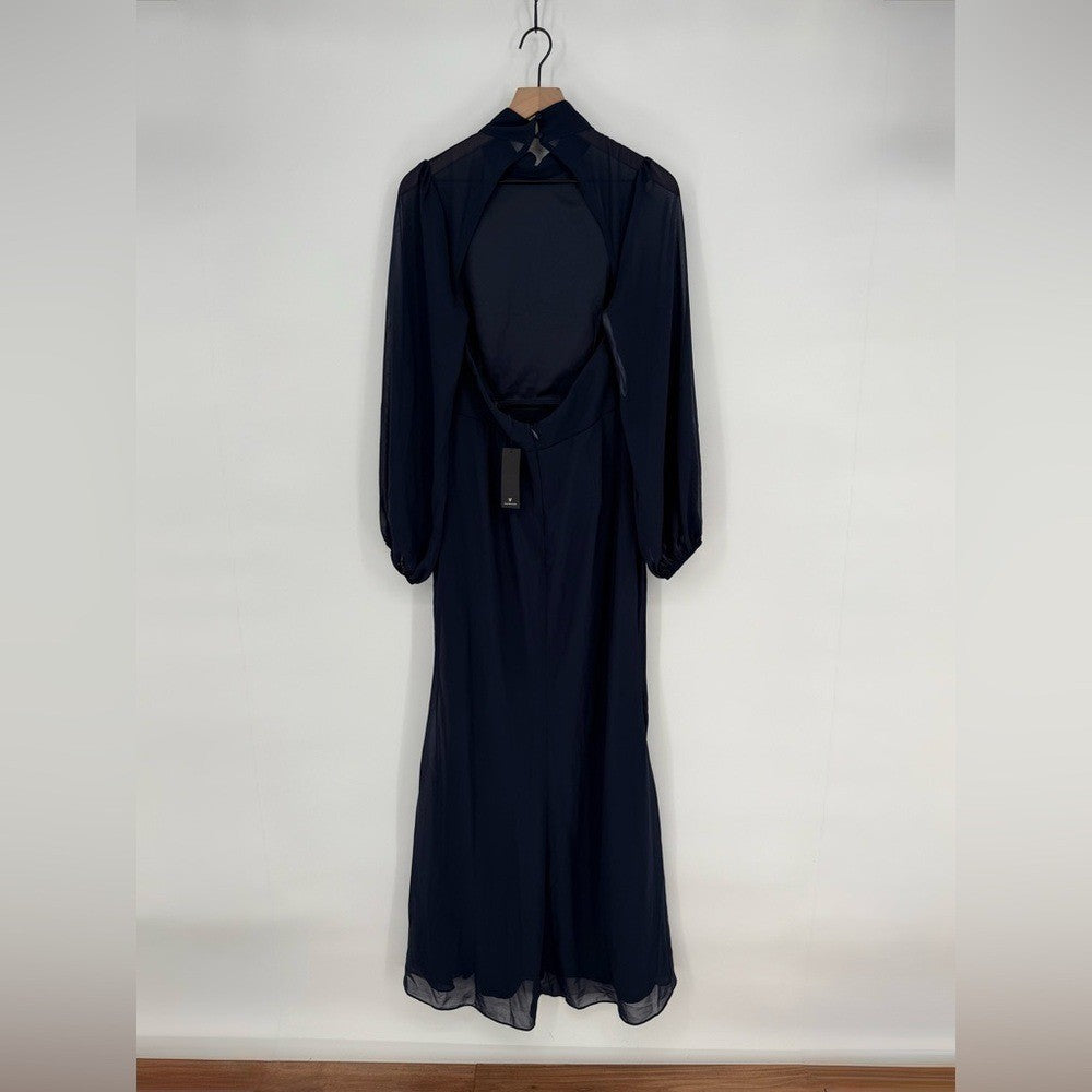 Lulus Graceful Entrance Navy Blue Long Sleeve Backless Maxi Dress Size L