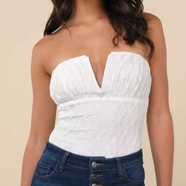 Lulus White Lace Sweetheart Neck Strapless Bodysuit Thong S