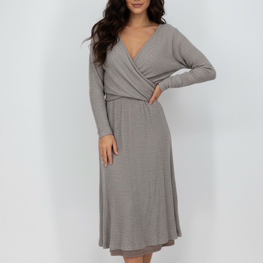 AMADI Wrap Knit Midi Dress Taupe Long Sleeve V Neck Ruched Casual Size S