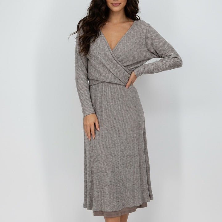 AMADI Wrap Knit Midi Dress Taupe Long Sleeve V Neck Ruched Casual Size S