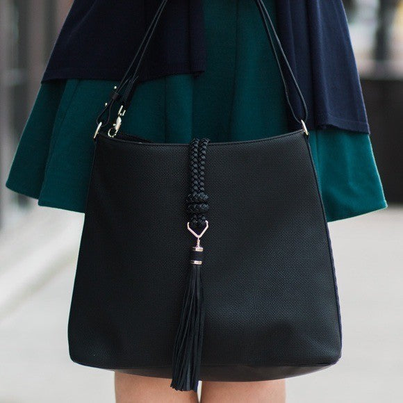 Stella Dot Hayes Tassel Hobo Black Textured Crossbody Shoulder Bag