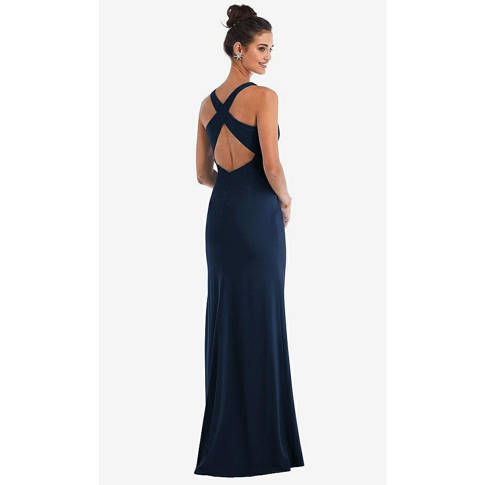 Thread Criss-Cross Cutout Back Maxi Dress With Front Slit In Midnight Navy