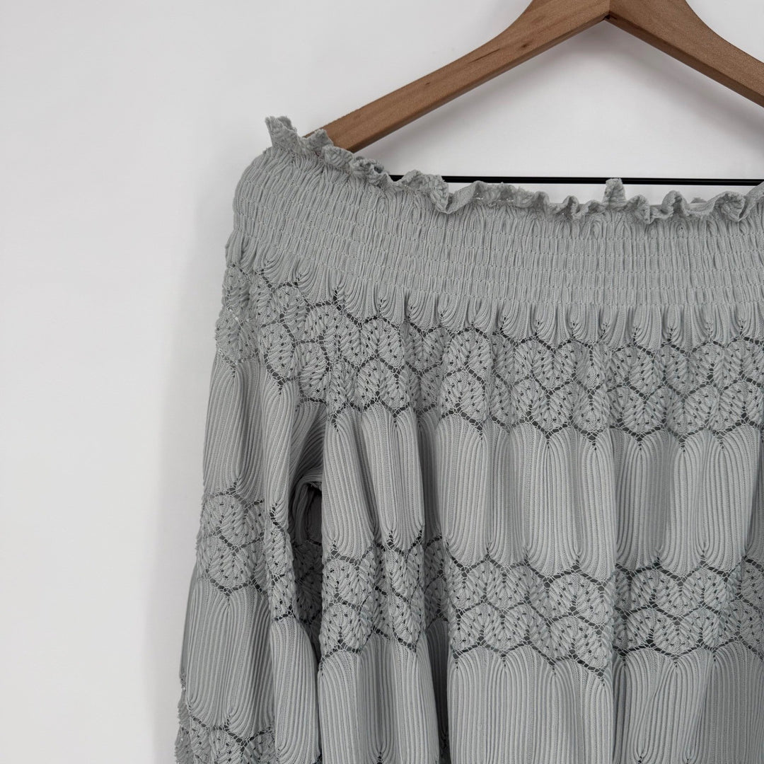 Womens Off Shoulder Smocked Lace Trimmed Blouse Long Sleeve Light Blue Size L