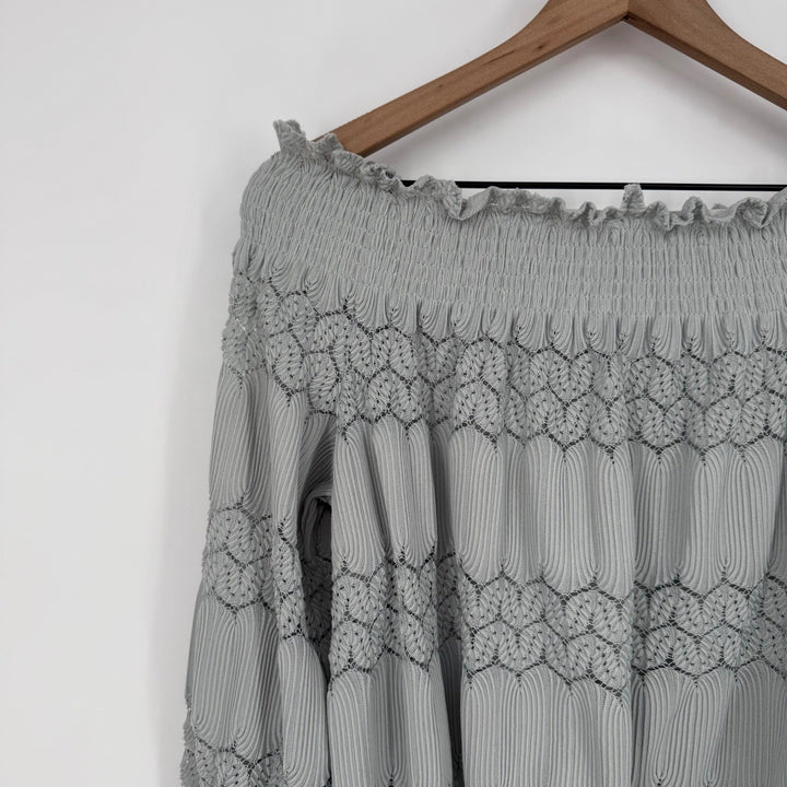 Womens Off Shoulder Smocked Lace Trimmed Blouse Long Sleeve Light Blue Size L