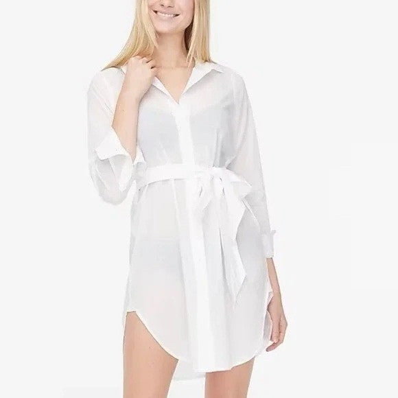J. Crew White Cotton Belted Shirt Dress Sheath Style M