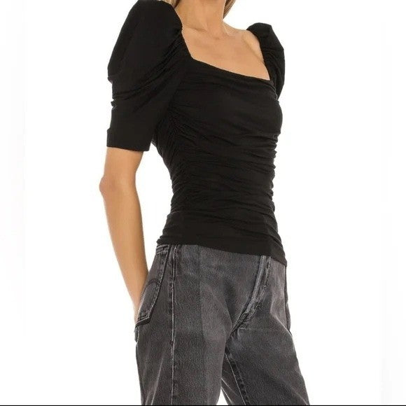 FRAME Betty Knitted Black Noir Square Neck Ruched Puff Sleeve Top Size L