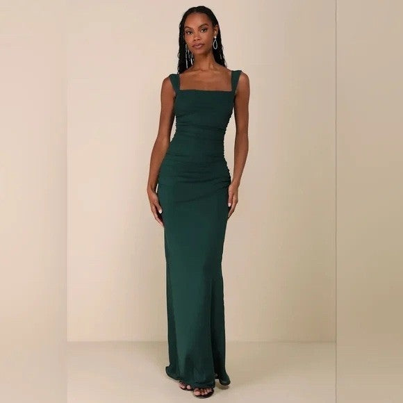 Lulus Amazing Presence Dark Green Mesh Ruched Column Maxi Dress Size XL