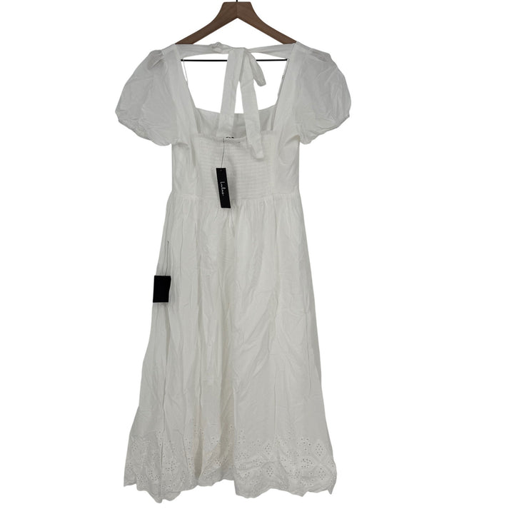 Lulus Stylish Merriment White Puff Sleeve Embroidered Midi Dress Size M