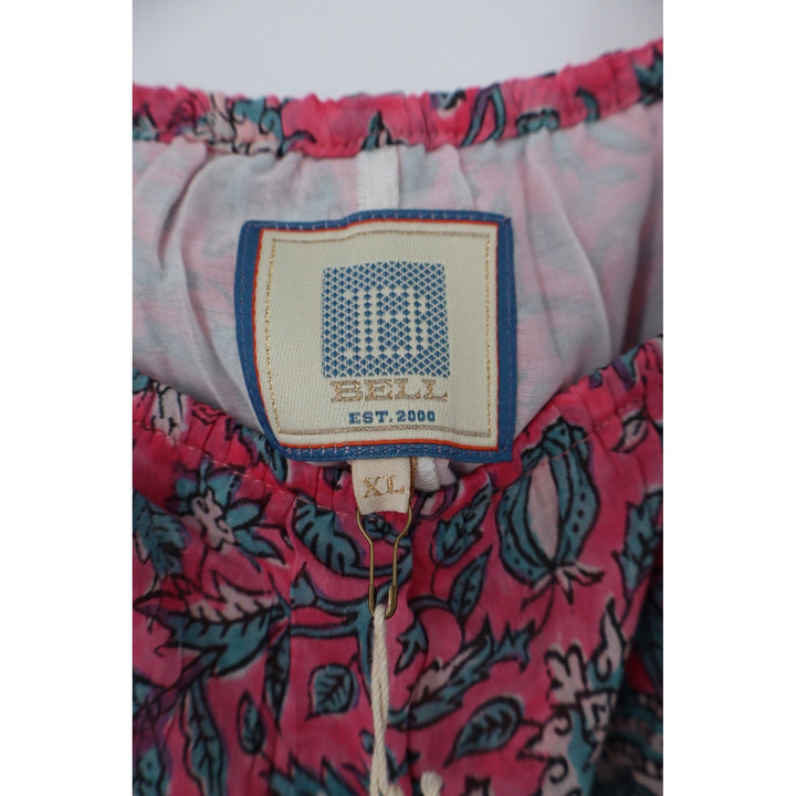 ALICIA BELL Floral Print Tassel Tie Shoulder Dress XL Red Blue Silk Cotton