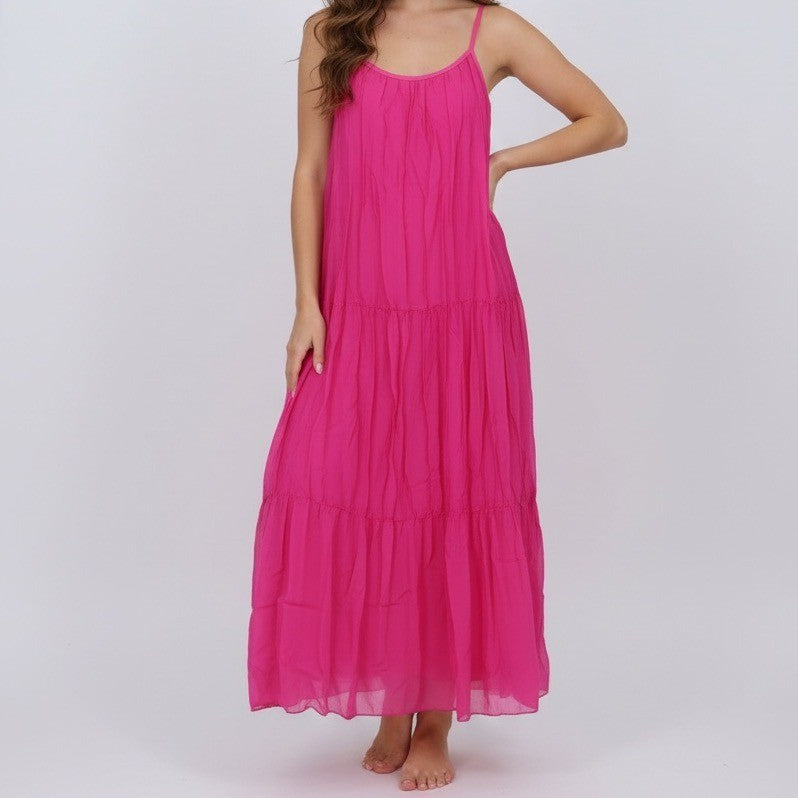 Bellambra Made in Italy Fuchsia Silk Blend Tiered Maxi Dress Size M