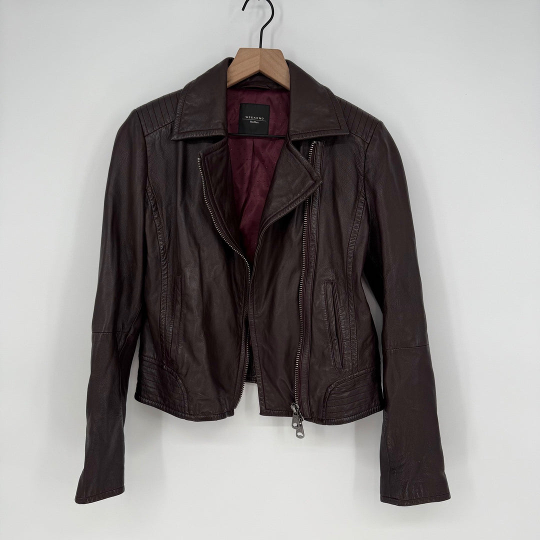 Weekend Max Mara Womens Leather Moto Jacket Burgundy Asymmetrical Zip Moto Style