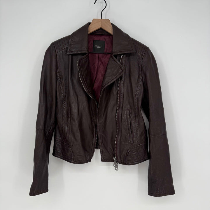 Weekend Max Mara Womens Leather Moto Jacket Burgundy Asymmetrical Zip Moto Style