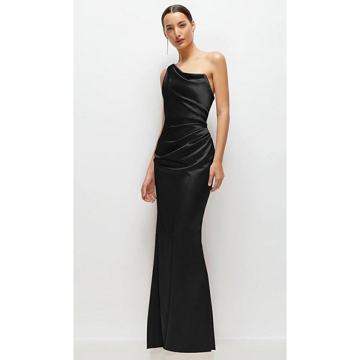 After Six Black One Shoulder Ruched Long Formal Evening Gown Dress Size 8