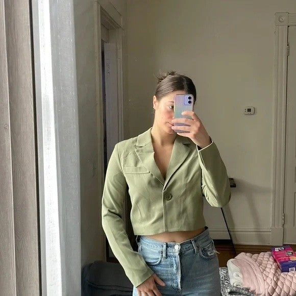 7 For All Mankind Cropped Blazer Jacket Career Casual Olive Green Size M