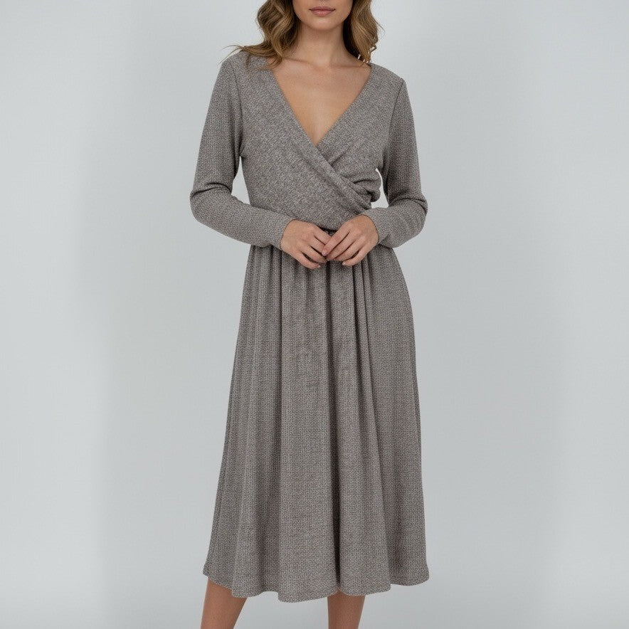 AMADI Wrap Knit Midi Dress Taupe Long Sleeve V Neck Ruched Casual Size S