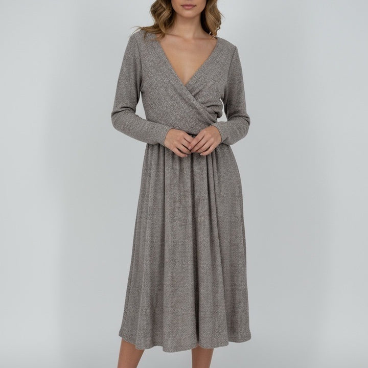 AMADI Wrap Knit Midi Dress Taupe Long Sleeve V Neck Ruched Casual Size S