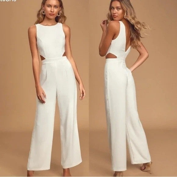 Lulus Moments To Remember White Sleeveless Wide-Leg Cutout Jumpsuit Size M