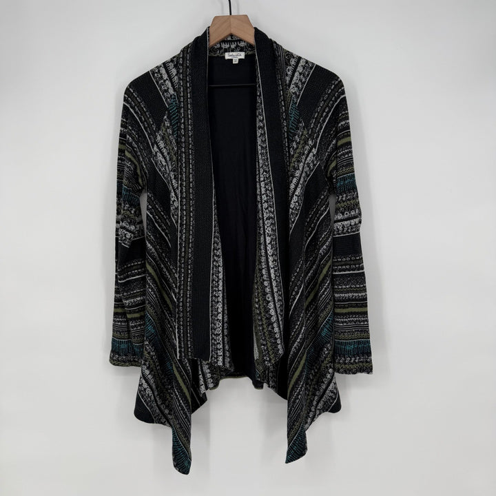 Splendid Women's Black Geometric Print Waterfall Cardigan Sweater Lightweight XS