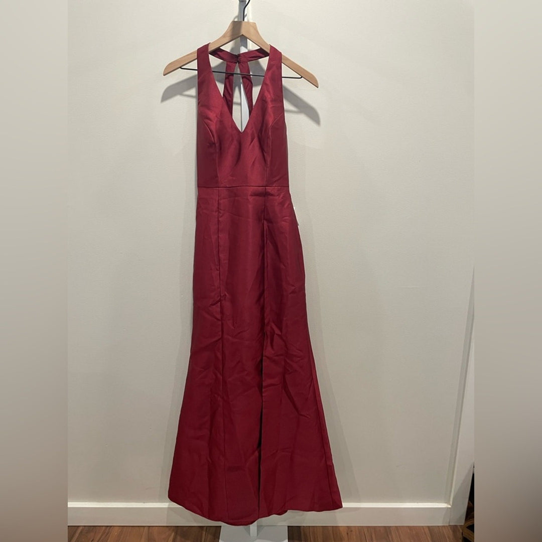 Alfred Sung V-Neck Halter Satin Trumpet Gown in Burgundy Size 2