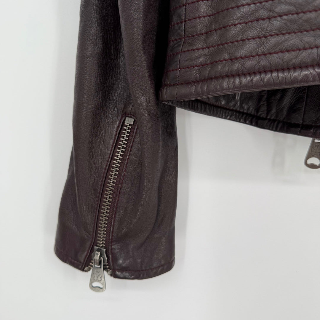 Weekend Max Mara Womens Leather Moto Jacket Burgundy Asymmetrical Zip Moto Style