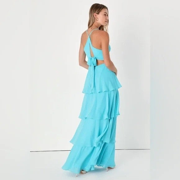 Lulus Tier and Now Blue Tie-Back Tiered Maxi Dress Size S