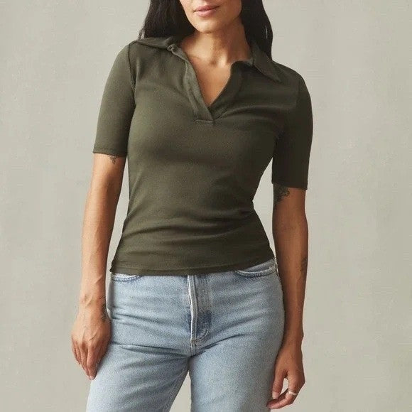 AMERICAN GIANT Olive Green Ribbed Collared Short Sleeve Top Size S Made USA