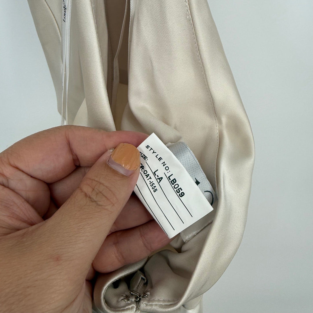 Lovely new beige satin halter bias cut asymmetric flowy maxi dress size L