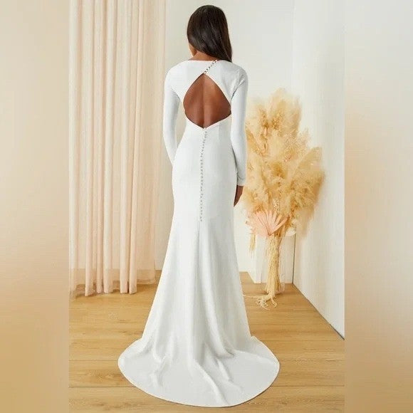 Lulus Eloquent Endearment White Long Sleeve Backless Maxi Dress Size L