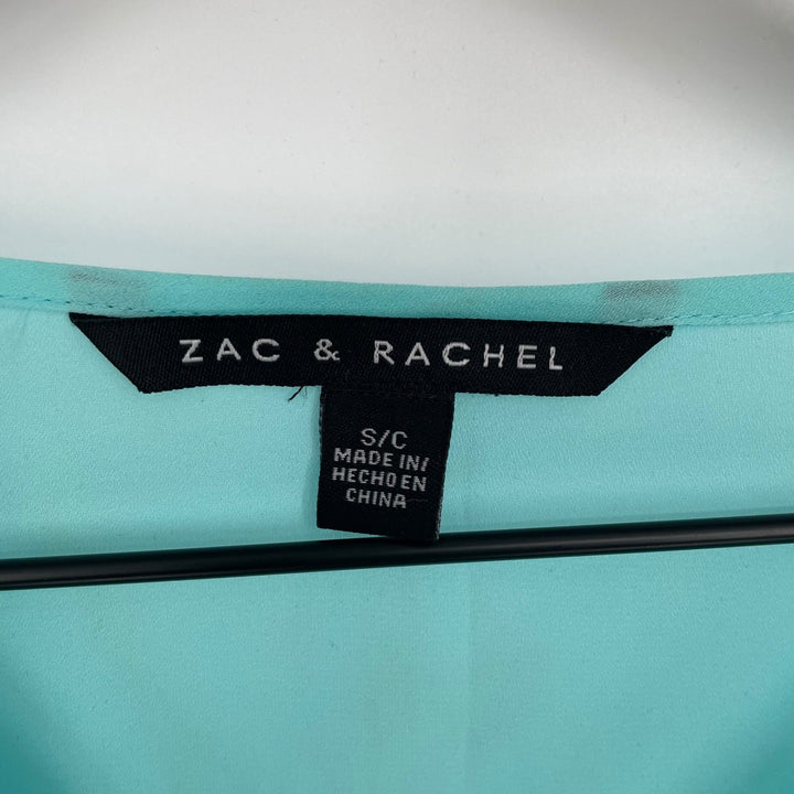 ZAC & RACHEL Turquoise V Neck Half Zip Roll Tab Sleeve Blouse Shirt Top Size S