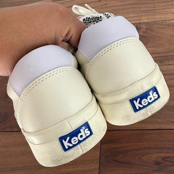 Keds Cream Leather Sneakers with Orange Stripe & Leopard Print Accent