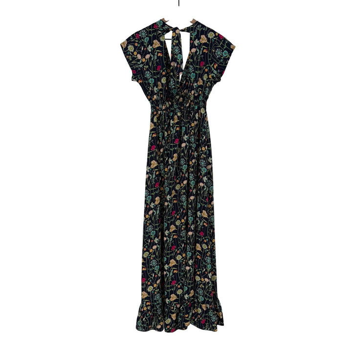 BETINA Floral Print Maxi Dress Deep V Neck Smocked Waist Tie Back Navy