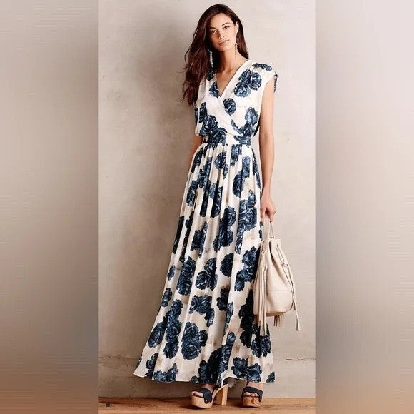 Christina Economou Floral Maxi Dress V Neck Cap Sleeve Empire Waist SIze 0