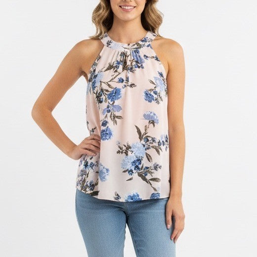 Soho New York & Company Jeans Pink Blue Floral Halter Neck Tank Top Size S