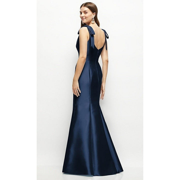 Alfred Sung Navy Square Neck Bow Shoulder Maxi Dress Formal Evening Gown