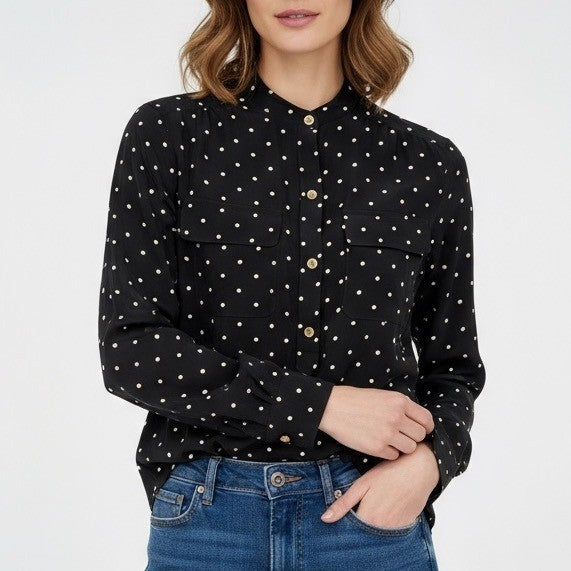 Wonder Stripe Polka Dot Silk Band Collar Button Up Blouse XS Black