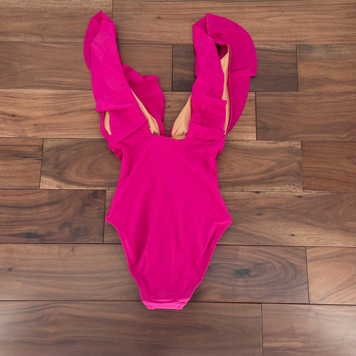 J.Crew RFU BP222 One Piece Swimsuit Deep V Ruffle One Shoulder Hot Pink Size 4