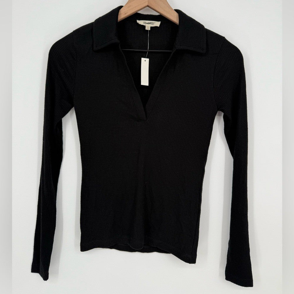 Madewell Drapey Rib Long-Sleeve Polo Top Size XXS
