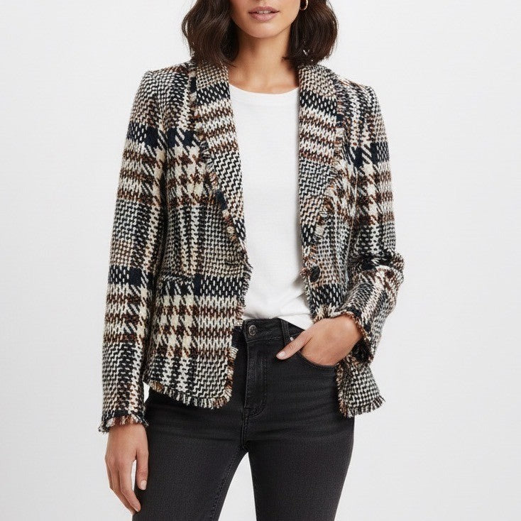 ANN TAYLOR Houndstooth Tweed Fringe Blazer Jacket Navy Cream Red Size 4