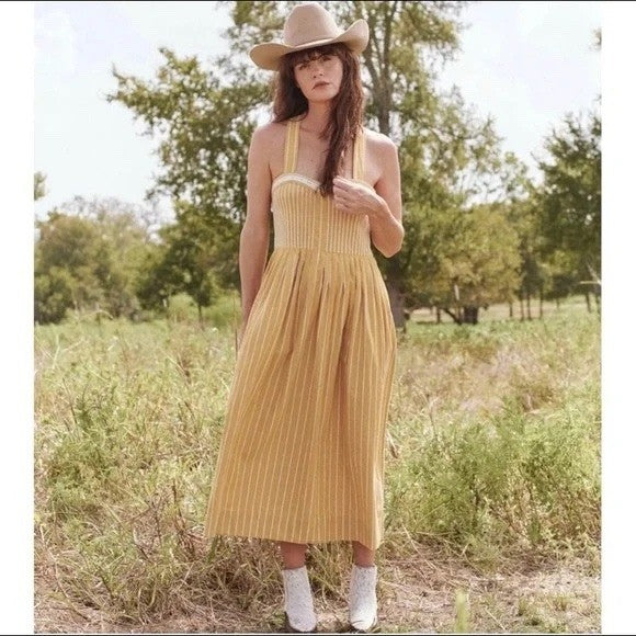 The Great Yellow Striped Smocked Midi Dress Size 3 Cotton Sun Dress