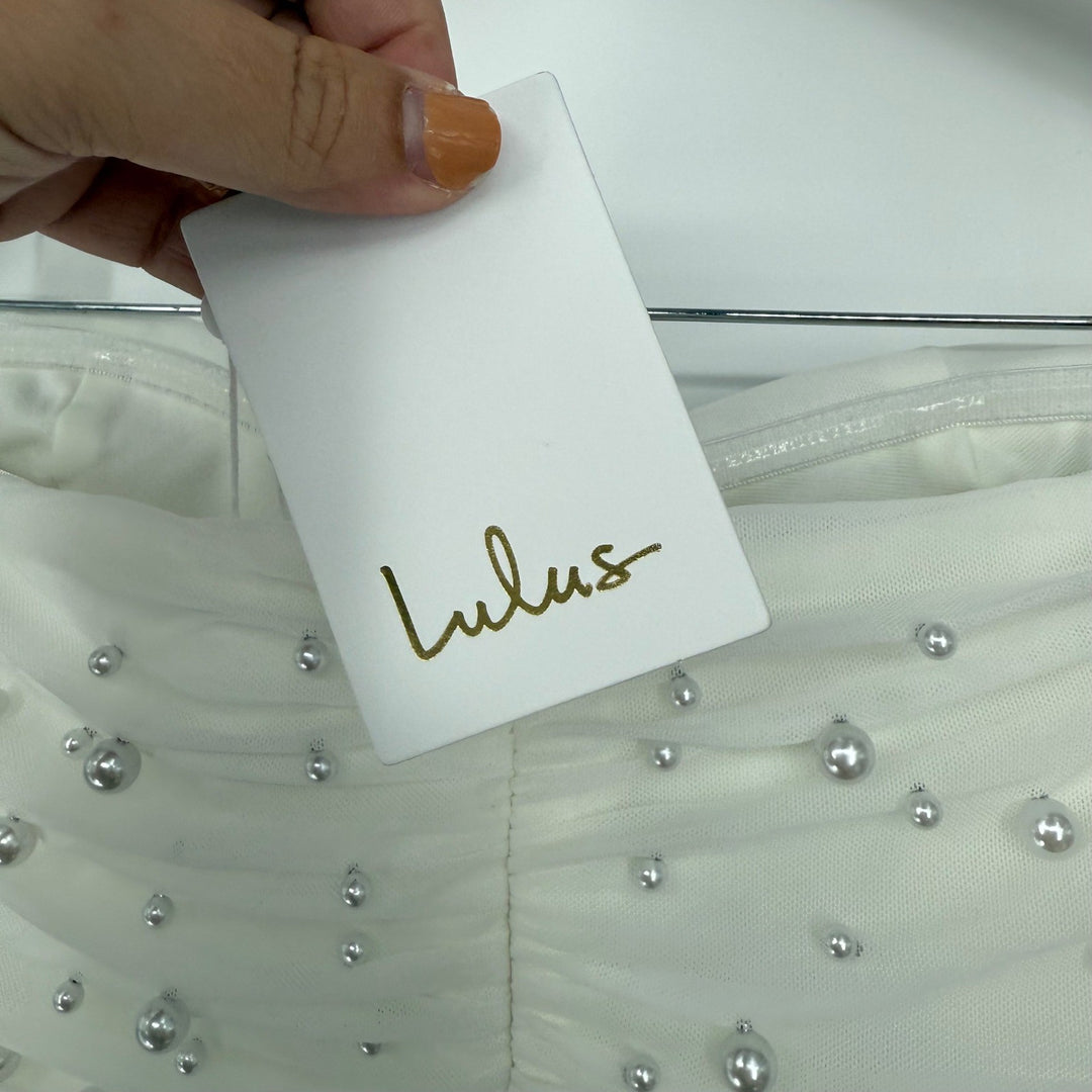 Lulus Immensely Charming White Mesh Pearl Bustier Maxi Dress Size L