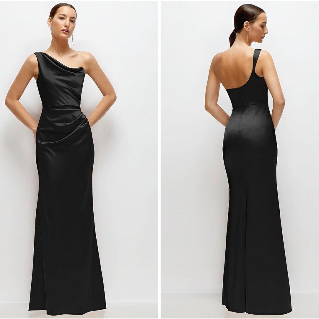 After Six Black One Shoulder Ruched Long Formal Evening Gown Dress Size 8