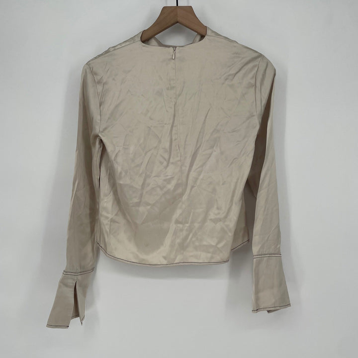 H&M Beige Satin Long Sleeve Button Cuff Blouse Shirt Top XS