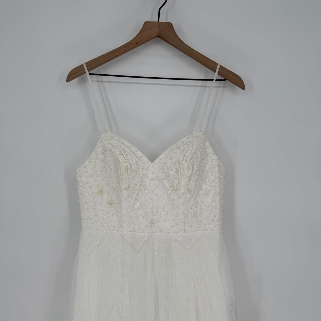 Lulus Love Perfection White Lace Tule Pearl Beaded Maxi Dress Size M